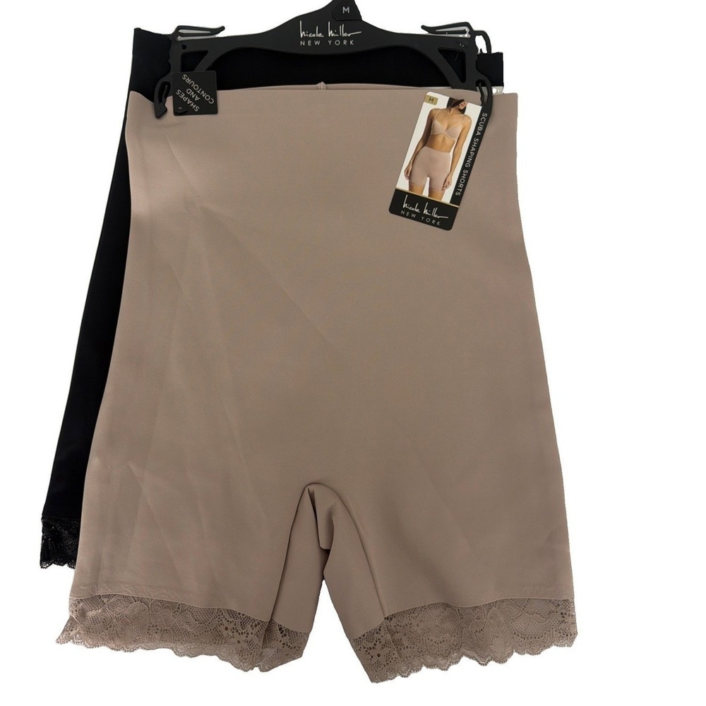 Nicole miller 2 Black & nude Hi-Waist Shaping Shorts Sculpts waist Size M New
